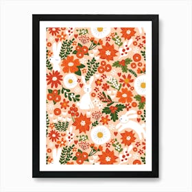 Christmas Bunnies and Botanicals Red and Green Winter Florals and Rabbits Art Print