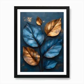 Blue Leaves On A Blue Background Art Print