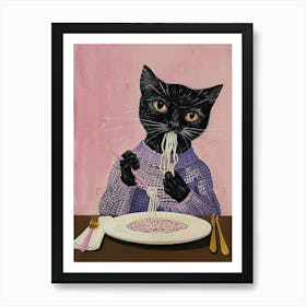 Cute Black Cat Eating Pasta Folk Illustration 1 Art Print