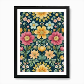 Painted Spring and Summer Flowers Boho Pattern - Navy Background Pink Yellow Blue Pastels Bohemian Wallpaper Art Like Amy Butler and William Morris Fabric Print For Lunar Pagan Gallery Feature Wall Floral Botanical Luna Lover HD Art Print