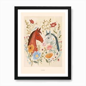 Folksy Floral Animal Drawing Horse 3 Poster Art Print