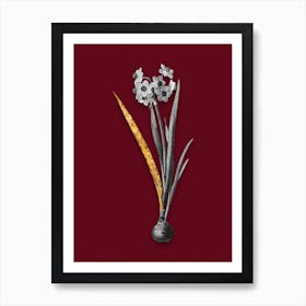 Vintage Daffodil Black and White Gold Leaf Floral Art on Burgundy Red n.0771 Art Print