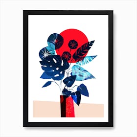 Blue Flowers In Red Vase Art Print