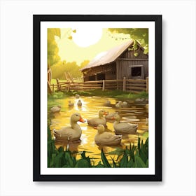 Ducklings Swimming On The Pond At The Farm Art Print