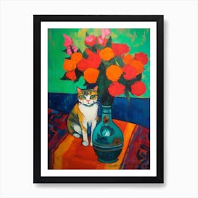 Gladoli With A Cat 2 Fauvist Style Painting Art Print