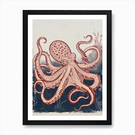 Linocut Octopus Deep In The Ocean Art Print