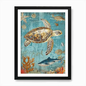 Blue Sea Turtle Exploring The Ocean Collage 5 Art Print