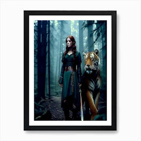 Medieval Warrior Girl With Tiger In The Forest Art Print