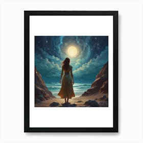 Woman Looking At The Moon Art Print