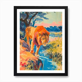 Asiatic Lion Hunting In The Savannah Fauvist Painting 3 Art Print