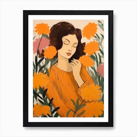 Woman With Autumnal Flowers Marigold 4 Art Print