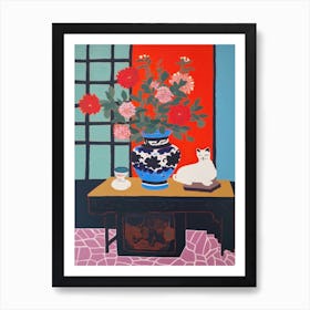 A Painting Of A Still Life Of A Chrysanthemums With A Cat In The Style Of Matisse 4 Art Print