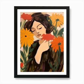 Woman With Autumnal Flowers Gaillardia Art Print