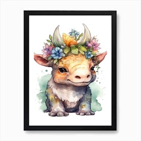 Triceratops With A Crown Of Flowers Cute Dinosaur Watercolour 2 Art Print
