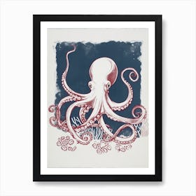 Retro Red Navy Octopus Linocut Style 6 Art Print