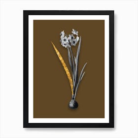 Vintage Daffodil Black and White Gold Leaf Floral Art on Coffee Brown Art Print