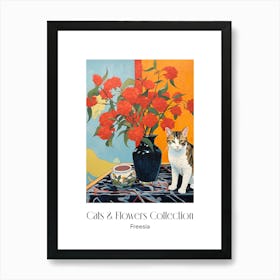 Cats & Flowers Collection Freesia Flower Vase And A Cat, A Painting In The Style Of Matisse 1 Art Print
