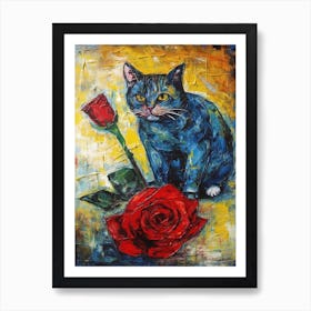 Still Life Of Rose With A Cat 1 Art Print
