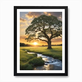 Large Oak Tree At Sunset Art Print