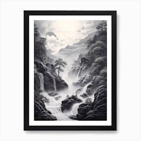 Shosenkyo Gorge In Yamanashi, Ukiyo E Black And White Line Art Drawing 2 Art Print