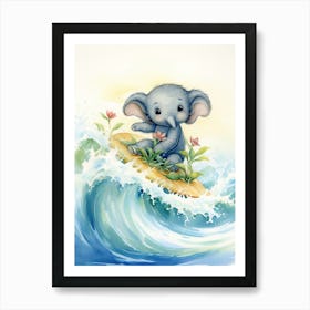 Elephant Painting Surfing Watercolour 1 Art Print