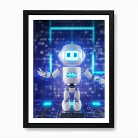 Cybernetic Robot Icon Radiating Holographic Glow Smiling With Led Lights Neon Accents Floating Ag Art Print