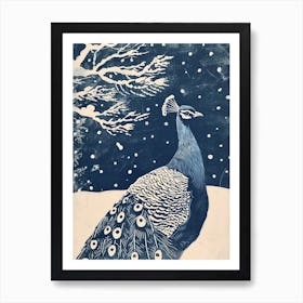 Blue Linocut Peacock Snow Scene 1 Art Print