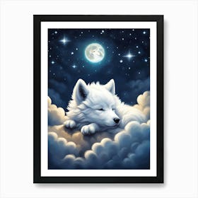 Cute White Wolf Sleeping In The Clouds Art Print