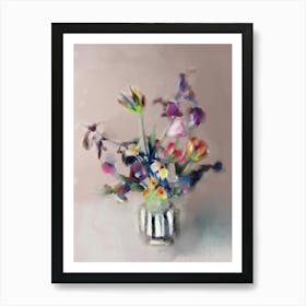 LES FLEURS- bouquet of flowers on pastel pink and blue, lilies, tulips, roses, stripes, Plants Wall Art Art Print