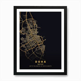 Doha Qatar Black And Gold Map Art Print