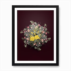 Vintage Yellow Sweetbriar Roses Flower Wreath on Wine Red Art Print