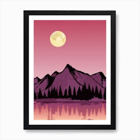 Pink Mountain And The Moon Art Print