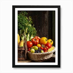 Assorted Vegetables And Fruits From A Fresh Farm Harvest Arranged In A Rustic Wicker Basket Overfl (4) Art Print