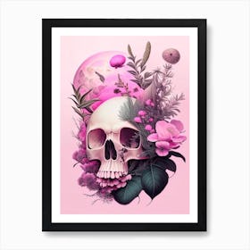 Skull With Celestial Themes 3 Pink Botanical Art Print