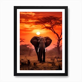 African Elephant Sunset Painting 2 Art Print