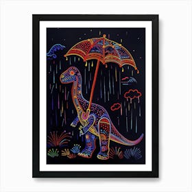 Neon Dinosaur With Umbrella In The Rain 1 Art Print