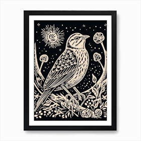 B&W Bird Linocut Yellowhammer 2 Art Print