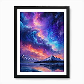 Abstract Colorful Aurora Sky over Mountains and Water Art Print