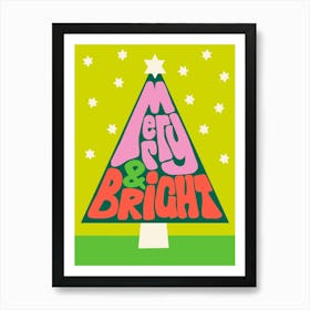 Merry and Bright Hand Lettering Retro Christmas Tree Art Print