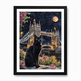 The Black Cat in London - Tower Bridge At Night on a Full Moon Iconic England Cityscapes Traditional Watercolor Art Print Kitty Travels Home and Room Wall Art Cool Decor Klimt and Matisse Inspired Modern Awesome Cool Unique Pagan Witchy Witches Familiar Gift For Cat Lady Animal Lovers World Travelling Genuine Works by British Watercolour Artist Lyra O'Brien Art Print