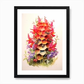 Beehive With Snapdragons Watercolour Illustration 1 Art Print