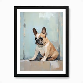 French Bulldog Dog, Painting In Light Teal And Brown 2 Art Print