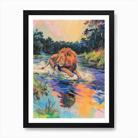 Transvaal Lion Crossing A River Fauvist Painting 2 Art Print