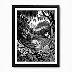 Royal Botanic Gardens, Victoria, Australia Linocut Black And White Vintage Art Print