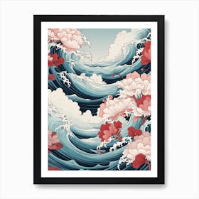 Great Wave With Lotus Flower Drawing In The Style Of Ukiyo E 2 Art Print
