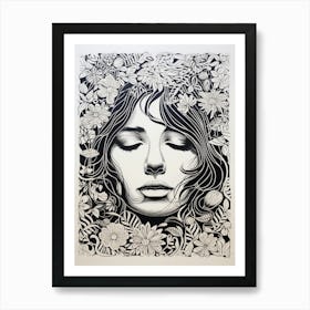 Floral Black & White Face Drawing 1 Art Print