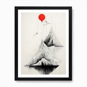 MInimal mountains Red Balloon In The Sky Art Print