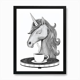 Unicorn Drinking Coffee Black & White Doodle Art Print