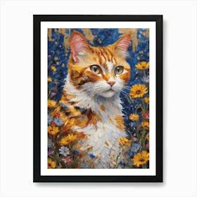 Klimt Style Ginger Tuxedo Orange Calico Tabby Cat in Colorful Garden Flowers Meadow Gold Leaf Painting - Gustav Klimt and Monet Inspired Textured Acrylic Palette Knife Art Daisies Poppies Amongst Wildflowers at Night Beautiful HD High Resolution Art Print