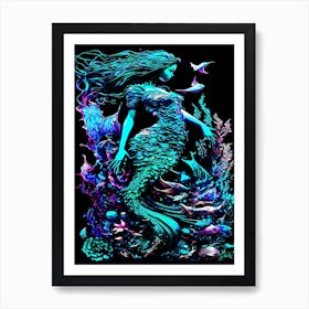 Mindful Mermaid - Teal And Purple Seascape Art Print